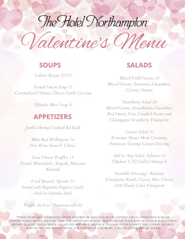 Hotel Northampton Valentines Menu